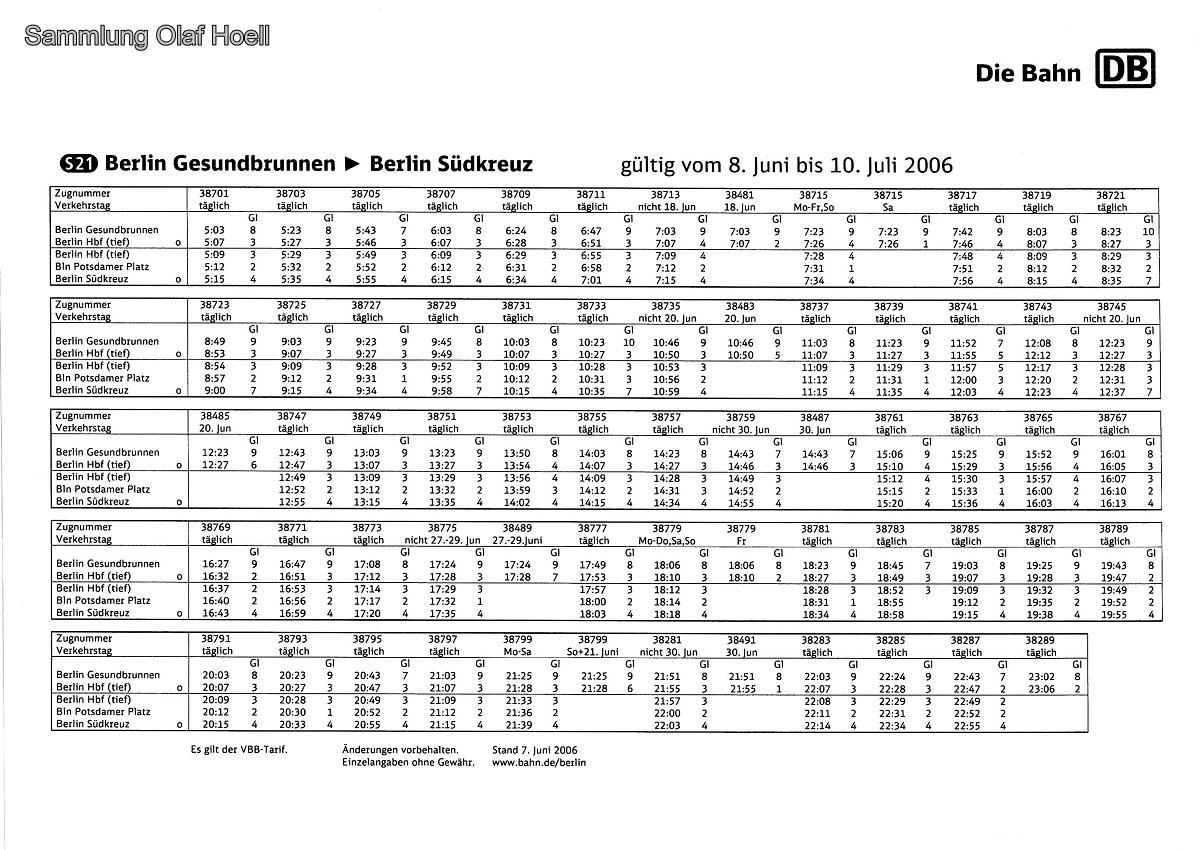 Fahrplan der Linie S21 der S-Bahn Berlin zur Fußball-WM 2006 Fahrplan der Linie S21 der S-Bahn Berlin zur Fußball-WM 2006